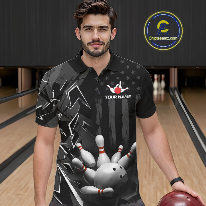 Custom Bowling Team Men Polo Shirt Quarter Zip 1/4 Personalized Name Performance Bowling Jersey|Black White NHT1332