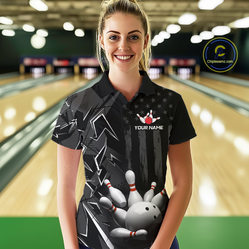Custom Bowling Team Women Polo Shirt Quarter Zip 1/4 Personalized Name Performance Bowling Jersey|Black White NHT1332