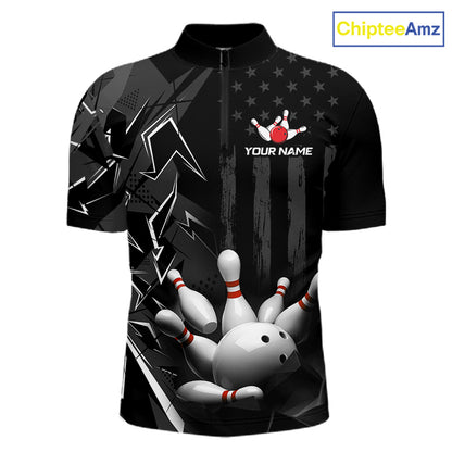 Custom Bowling Team Men Polo Shirt Quarter Zip 1/4 Personalized Name Performance Bowling Jersey|Black White NHT1332