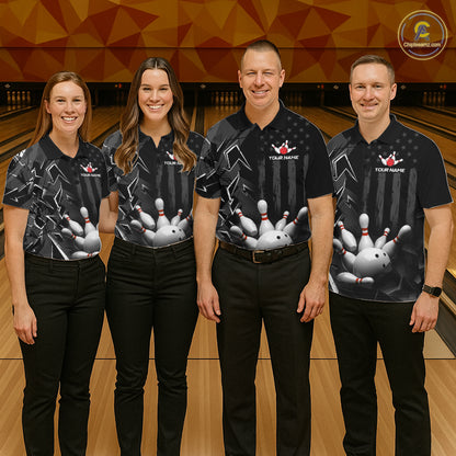 Custom Bowling Team Men Polo Shirt Quarter Zip 1/4 Personalized Name Performance Bowling Jersey|Black White NHT1332
