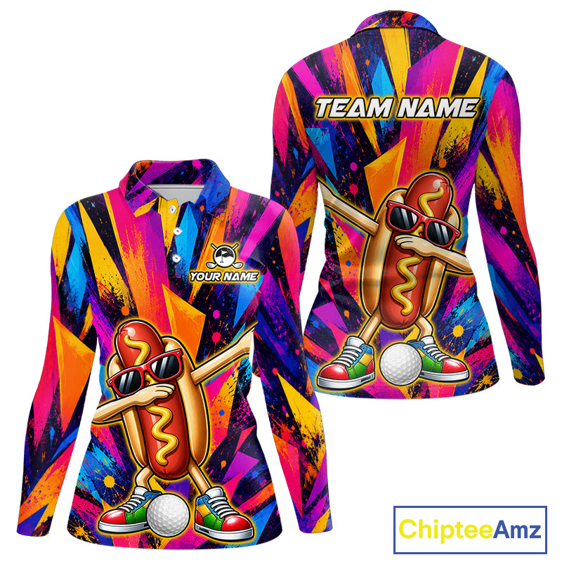 Funny Hot Dog Women Golf Polo Shirt Custom Name, Dab Hotdog Golf Team Polo, Personalized Golf Gift NHT1334