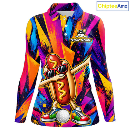 Funny Hot Dog Women Golf Polo Shirt Custom Name, Dab Hotdog Golf Team Polo, Personalized Golf Gift NHT1334