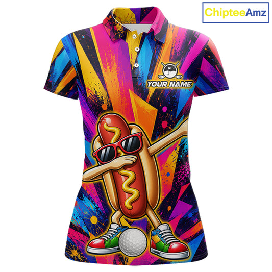 Funny Hot Dog Women Golf Polo Shirt Custom Name, Dab Hotdog Golf Team Polo, Personalized Golf Gift NHT1334