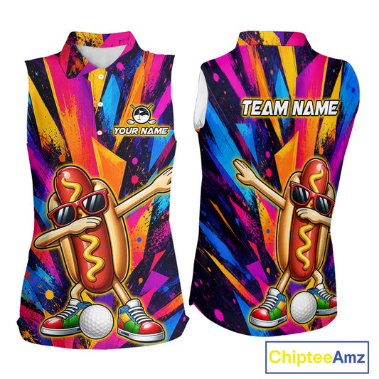 Funny Hot Dog Women Sleeveless Golf Polo Shirt Custom Name, Dab Hotdog Golf Team Polo, Personalized Golf Gift NHT1334
