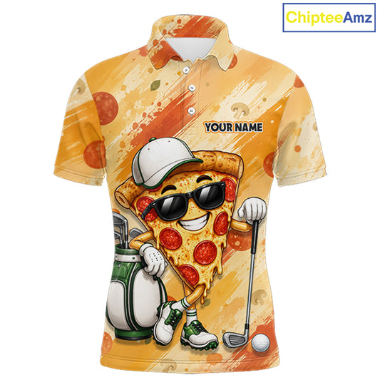 Funny Pizza Men Golf Polo Shirt Custom Name, Personalized Pizza Golfer Team Polo NHT1339