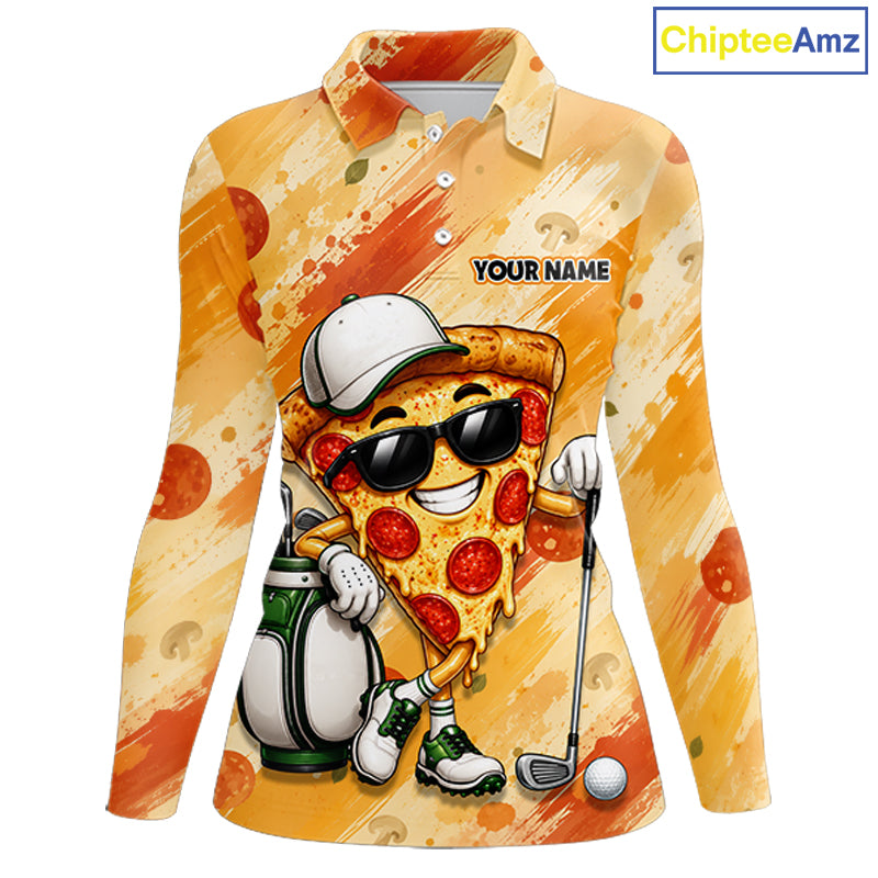 Funny Pizza Women Golf Polo Shirt Custom Name, Personalized Pizza Golfer Team Polo NHT1339