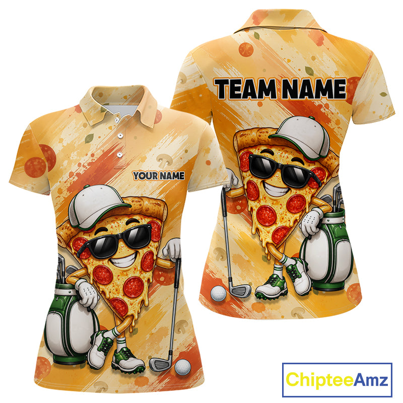 Funny Pizza Women Golf Polo Shirt Custom Name, Personalized Pizza Golfer Team Polo NHT1339