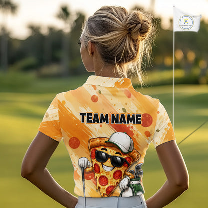 Funny Pizza Women Golf Polo Shirt Custom Name, Personalized Pizza Golfer Team Polo NHT1339