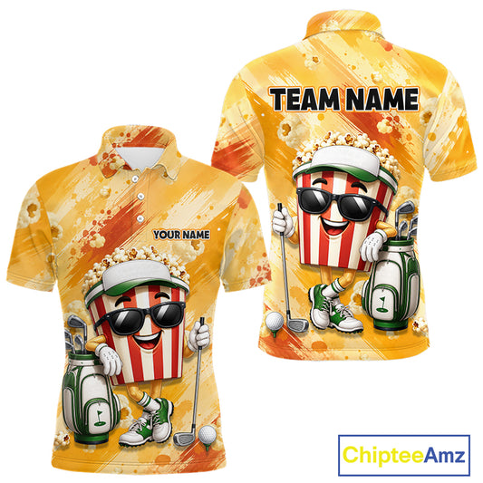 Funny Popcorn Men Golf Polo Shirt Custom Name, Personalized Popcorn Golfer Team Polo NHT1340