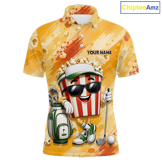 Funny Popcorn Men Golf Polo Shirt Custom Name, Personalized Popcorn Golfer Team Polo NHT1340