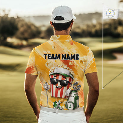 Funny Popcorn Men Golf Polo Shirt Custom Name, Personalized Popcorn Golfer Team Polo NHT1340
