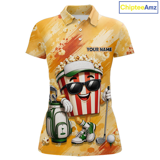 Funny Popcorn Women Golf Polo Shirt Custom Name, Personalized Popcorn Golfer Team Polo NHT1340