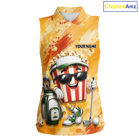 Funny Popcorn Women Sleeveless Golf Polo Shirt Custom Name, Personalized Popcorn Golfer Team Polo NHT1340