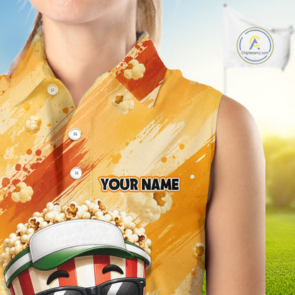 Funny Popcorn Women Sleeveless Golf Polo Shirt Custom Name, Personalized Popcorn Golfer Team Polo NHT1340