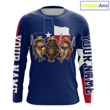 Load image into Gallery viewer, Funny Cowboy Trout, Flounder, Redfish Texas Flag Long Sleeve Fishing Shirts Apparel|Blue