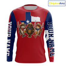 Load image into Gallery viewer, Funny Cowboy Trout, Flounder, Redfish Texas Flag Long Sleeve Fishing Shirts Apparel|Red