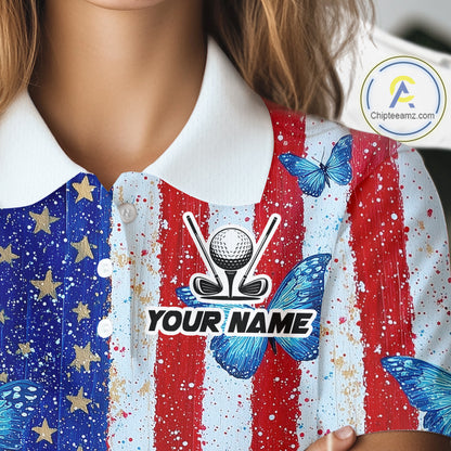 Personalized Blue Butterfly American Flag Polo – Custom Name Patriotic Womens Golf Polo Shirt NHT1034