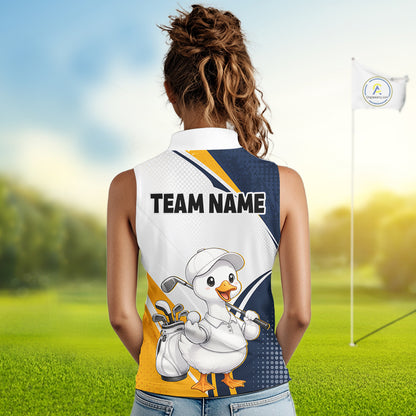 A woman viewed from behind wearing a sleeveless custom golf shirt with a cartoon duck graphic and 'TEAM NAME' text, set against a blurred golf course background.
