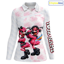 Load image into Gallery viewer, Personalized Funny Flamingo Rockstar Couple Womens Golf Polo Shirt, Custom Name Matching Couple Golf Shirt NHT748