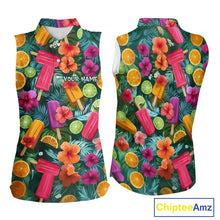 Load image into Gallery viewer, Golf Womens Sleeveless Polo Shirt Tropical Popsicle Paradise Pattern Tropical Leaves Custom Name, Golf Shirt NHT539