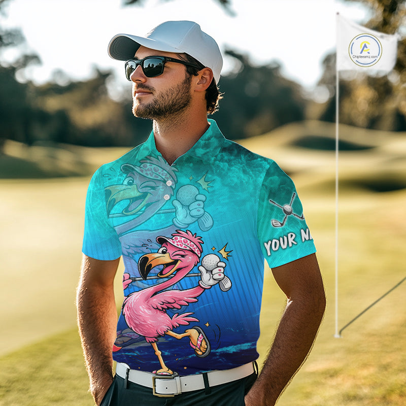 Personalized Flamingo Mens Golf Polo Shirt Custom Name And Team Teal Blue Funny Ocean Tropical Golf Outfit NHT1235