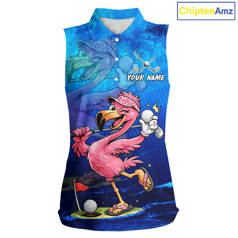 A sleeveless collared golf shirt with a vibrant all-over print featuring a cartoon pink flamingo holding a golf ball, a golf hole, and a blue watercolor-style background. The shirt has a custom name placeholder 'YOUR NAME' on the chest.