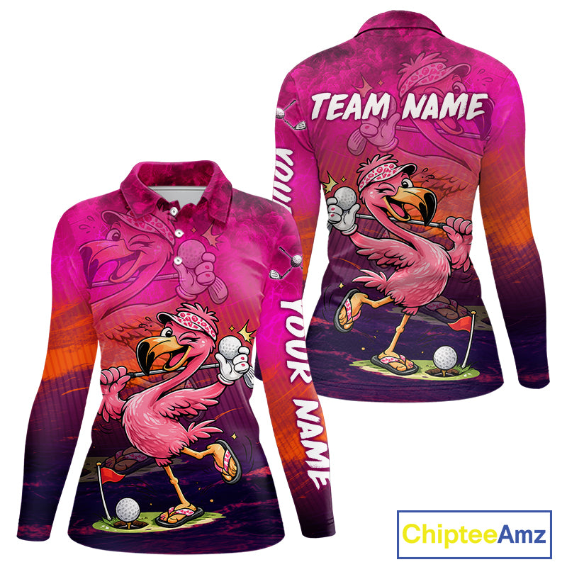 A long-sleeve collared golf shirt shown from the front and back on a white background. The shirt features a vibrant pink and purple gradient with cartoon flamingo and dragon graphics, custom text placeholders reading 'TEAM NAME' and 'YOUR NAME', and a visible 'ChipteeAmz' watermark in the bottom right corner.
