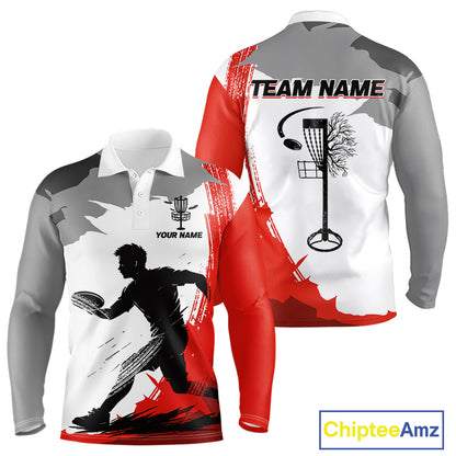 Mens Long Sleeve Disc Golf Polo Shirt Custom White And Red Disc Golf Basket Golf Shirts Personalized NHN0048