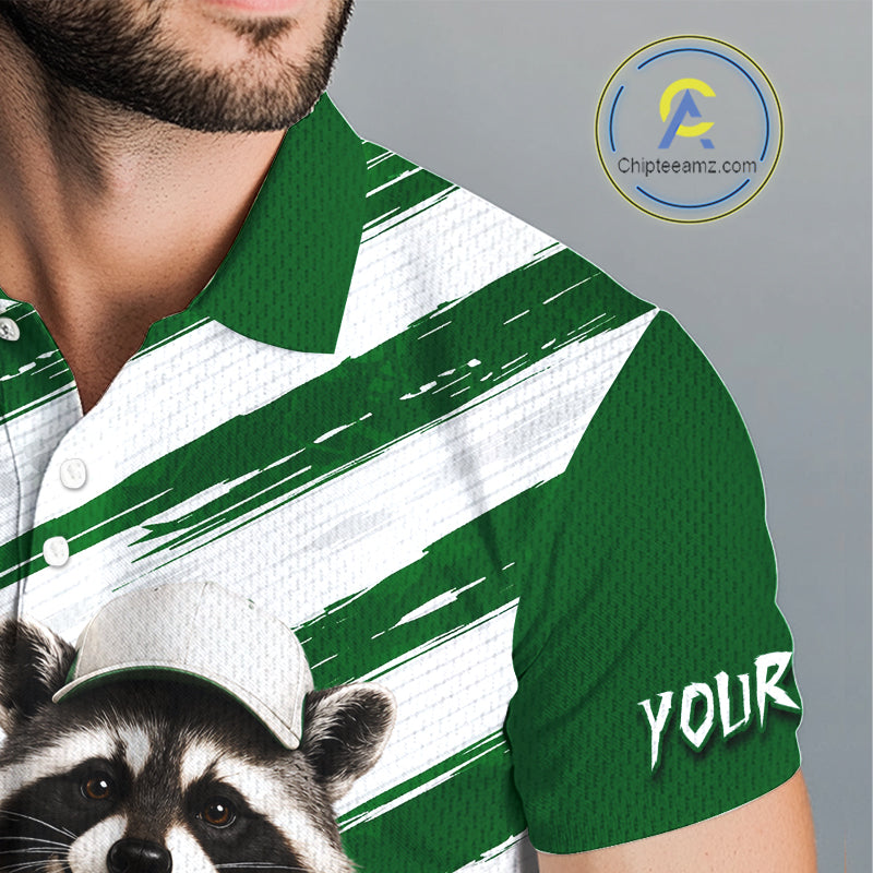 Custom Funny Beer Raccoon Golf Jersey For Mens, Mens Golf Polo Shirt Black Beige Golf Jersey NHT936