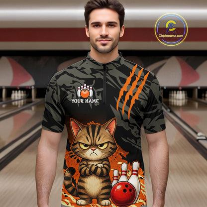 Funny Cat Bowling Shirt Custom Name Black Camo Orange Personalized Team Jersey For Men NHT1265