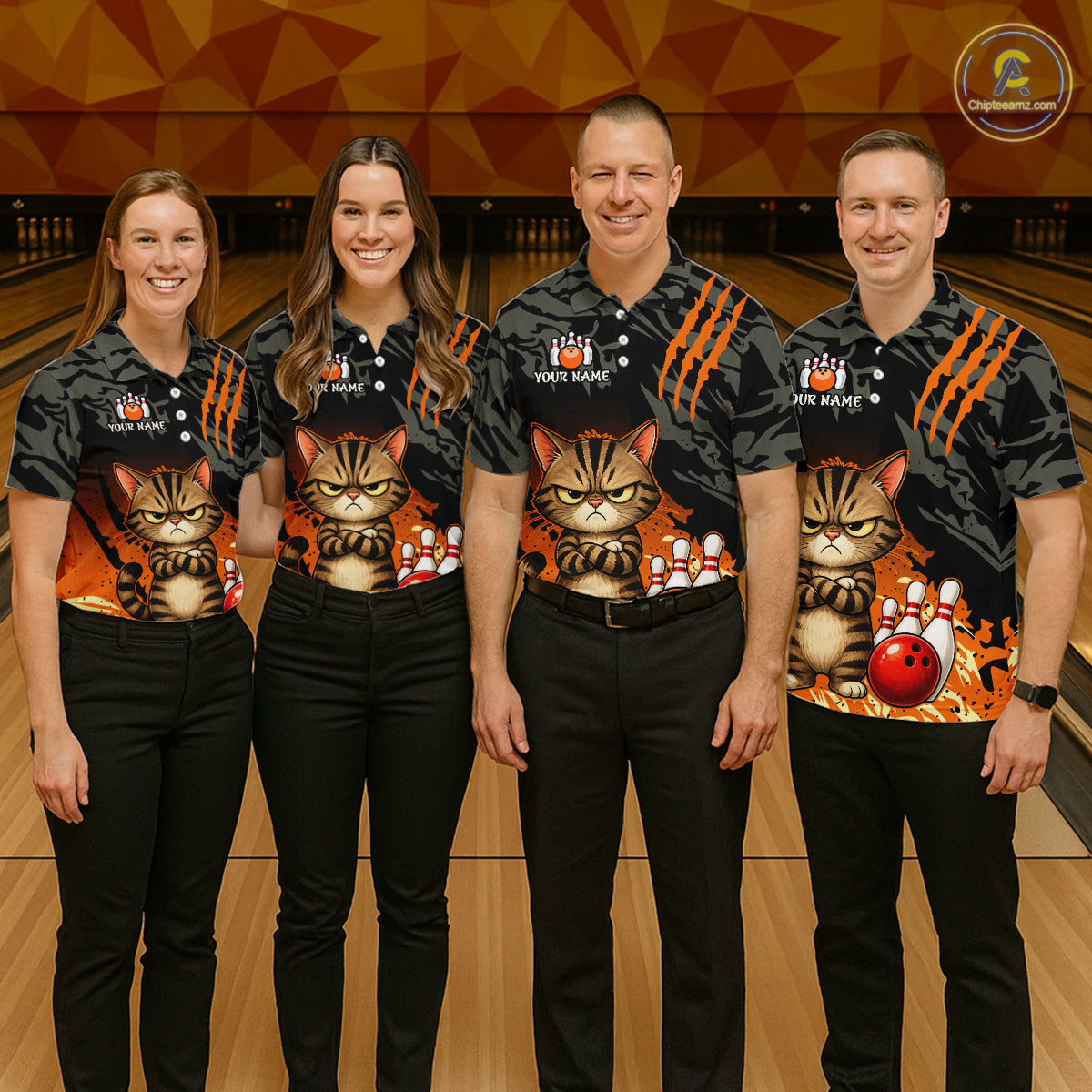 Funny Cat Bowling Shirt Custom Name Black Camo Orange Personalized Team Jersey For Men NHT1265