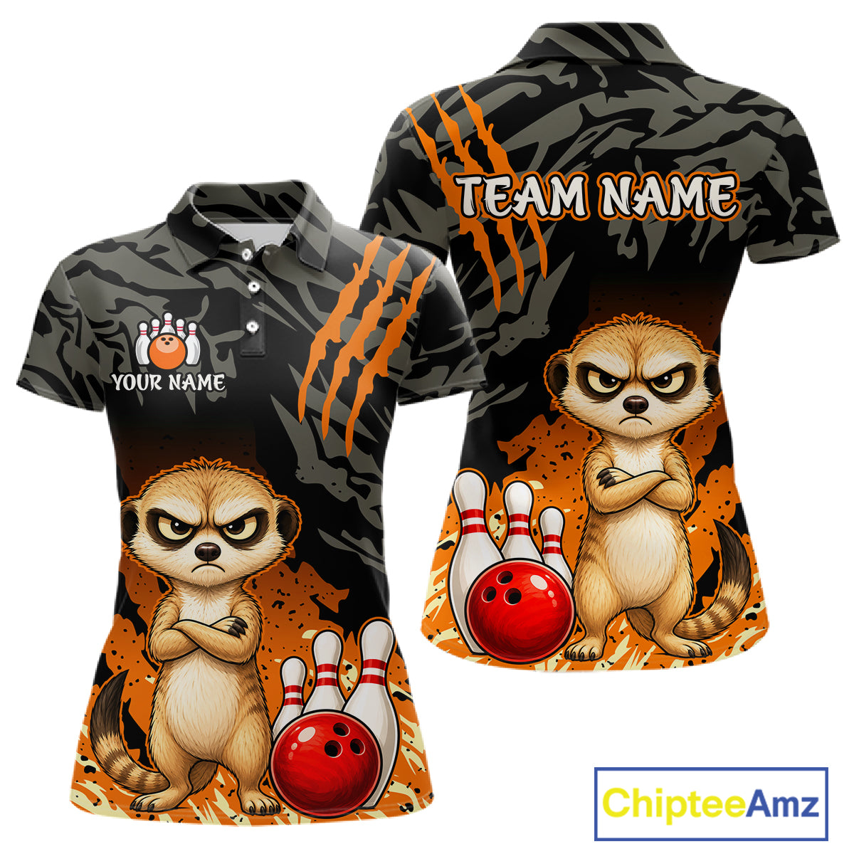 Custom short-sleeve polo shirt shown from the front and back, featuring a cartoon meerkat design with bowling balls and pins, orange claw marks, and placeholder text for team name and personalization.