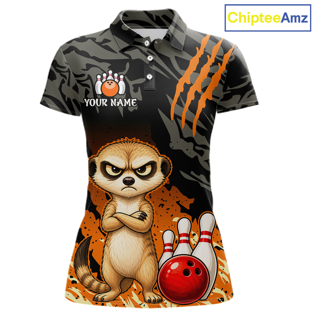 A women's short-sleeve polo shirt with a black and gray camouflage pattern, featuring a cartoon meerkat, bowling pins, and a red bowling ball on the front, with 'YOUR NAME' and a paw print graphic on the left chest. The shirt is displayed on a white background with a 'ChipteeAmz' logo in the top right corner.