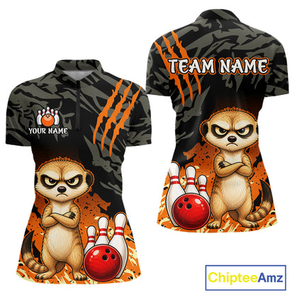 Custom short-sleeve polo shirt shown from front and back, featuring a cartoon meerkat with crossed arms, bowling pins, red bowling balls, orange claw marks, and a dark camouflage-style background. The front shows a paw print logo with placeholder text 'YOUR NAME' and 'TEAM NAME' on the back.