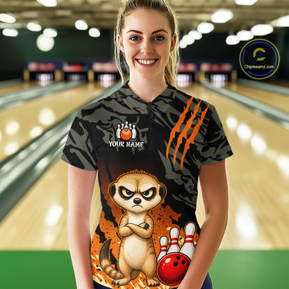 Funny Meekat Bowling Shirt Custom Name Black Camo Orange Personalized Team Jersey For Women NHT1268
