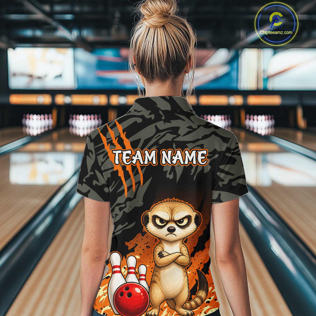 Funny Meekat Bowling Shirt Custom Name Black Camo Orange Personalized Team Jersey For Women NHT1268