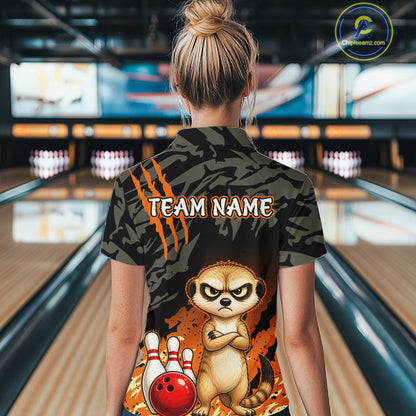Funny Meekat Bowling Shirt Custom Name Black Camo Orange Personalized Team Jersey For Women NHT1268