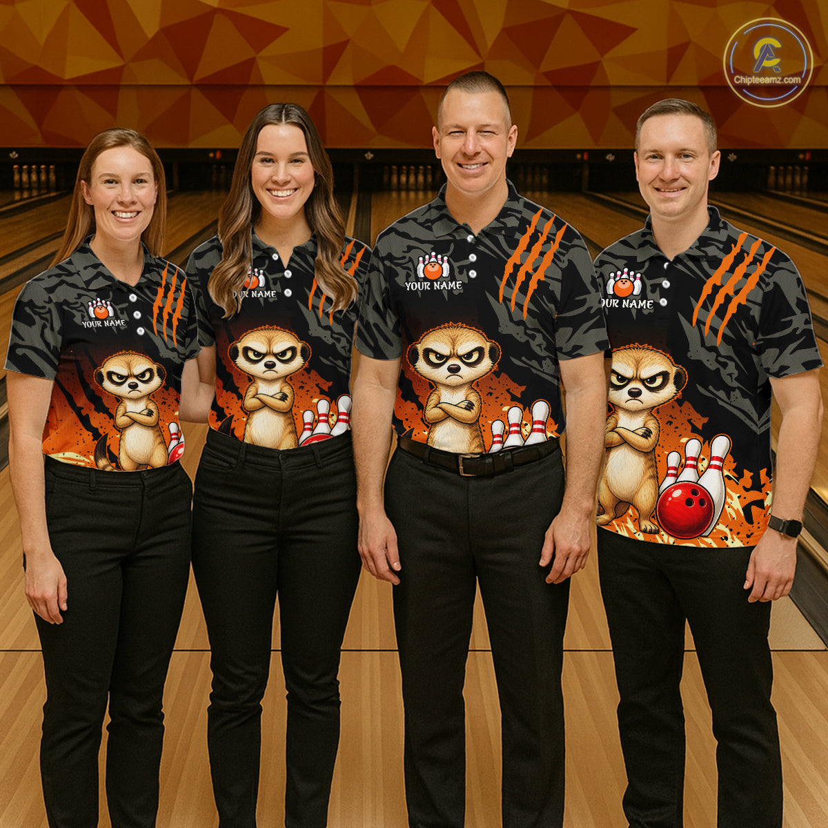 Funny Meekat Bowling Shirt Custom Name Black Camo Orange Personalized Team Jersey For Women NHT1268