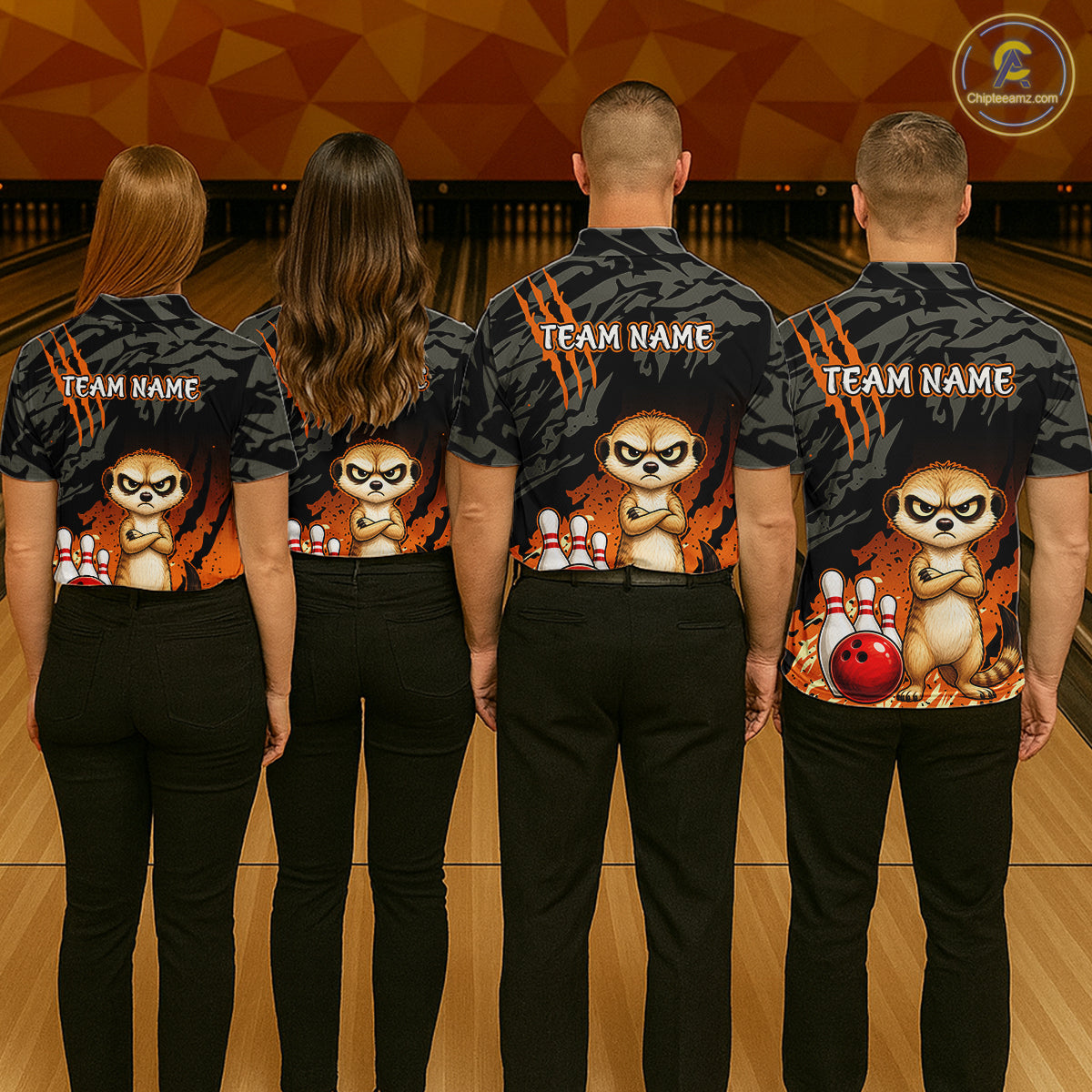 Funny Meekat Bowling Shirt Custom Name Black Camo Orange Personalized Team Jersey For Women NHT1268