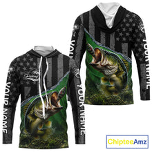 Load image into Gallery viewer, Gray Green Bass Custom Long Sleeve Hooded Fishing Shirts, Bass Fishing Jerseys