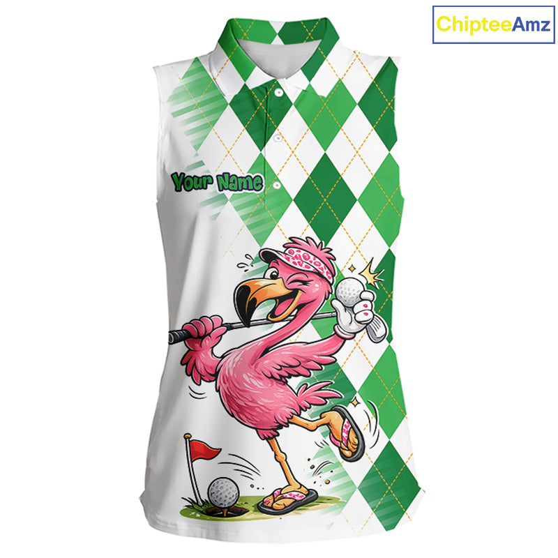Funny Pink Flamingo Argyle Green Pattern Sleeveless Womens Golf Polo Shirt Custom Golf Shirts For Womens NHT651