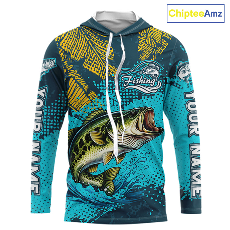 Custom Hooded Largemouth Bass Fishing Long Sleeve Tournament Shirts, Bass Fishing Shirts For Men NHT508