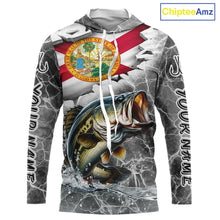 Load image into Gallery viewer, Florida Largemouth Bass Camo Gray Custom Long Sleeve Hooded Performance Fishing Shirts, Florida Flag Fishing Jerseys NHT657