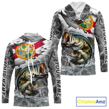Load image into Gallery viewer, Florida Largemouth Bass Camo Gray Custom Long Sleeve Hooded Performance Fishing Shirts, Florida Flag Fishing Jerseys NHT657