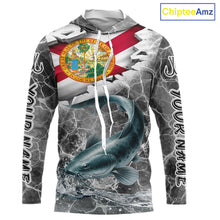 Load image into Gallery viewer, Florida Catfish Camo Gray Custom Long Sleeve Hooded Performance Fishing Shirts, Florida Flag Fishing Jerseys NHT659