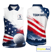 Load image into Gallery viewer, Women's Sleeveless Patriotic Golf Polo Shirt – USA Flag Golf Apparel, Red White Blue Performance Polo 