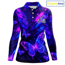 Load image into Gallery viewer, Neon Butterfly Womens Golf Polo Shirt Personalized Team Name Custom Purple Blue Golf Apparel Gift NHT901