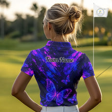 Load image into Gallery viewer, Neon Butterfly Womens Golf Polo Shirt Personalized Team Name Custom Purple Blue Golf Apparel Gift NHT901