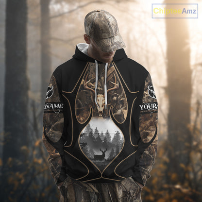 Deer Hunting Shirt 3D All Over Print Skull Deer Personalized Name, Hoodie Hunting For Men NHT363