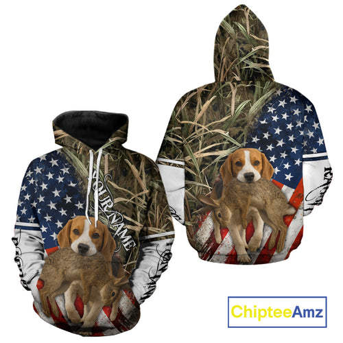 Rabbit Hunting With Beagle 3D US Flag Camo Custom Hunting Shirt, Rabbit Hunting Clothing NHT141
